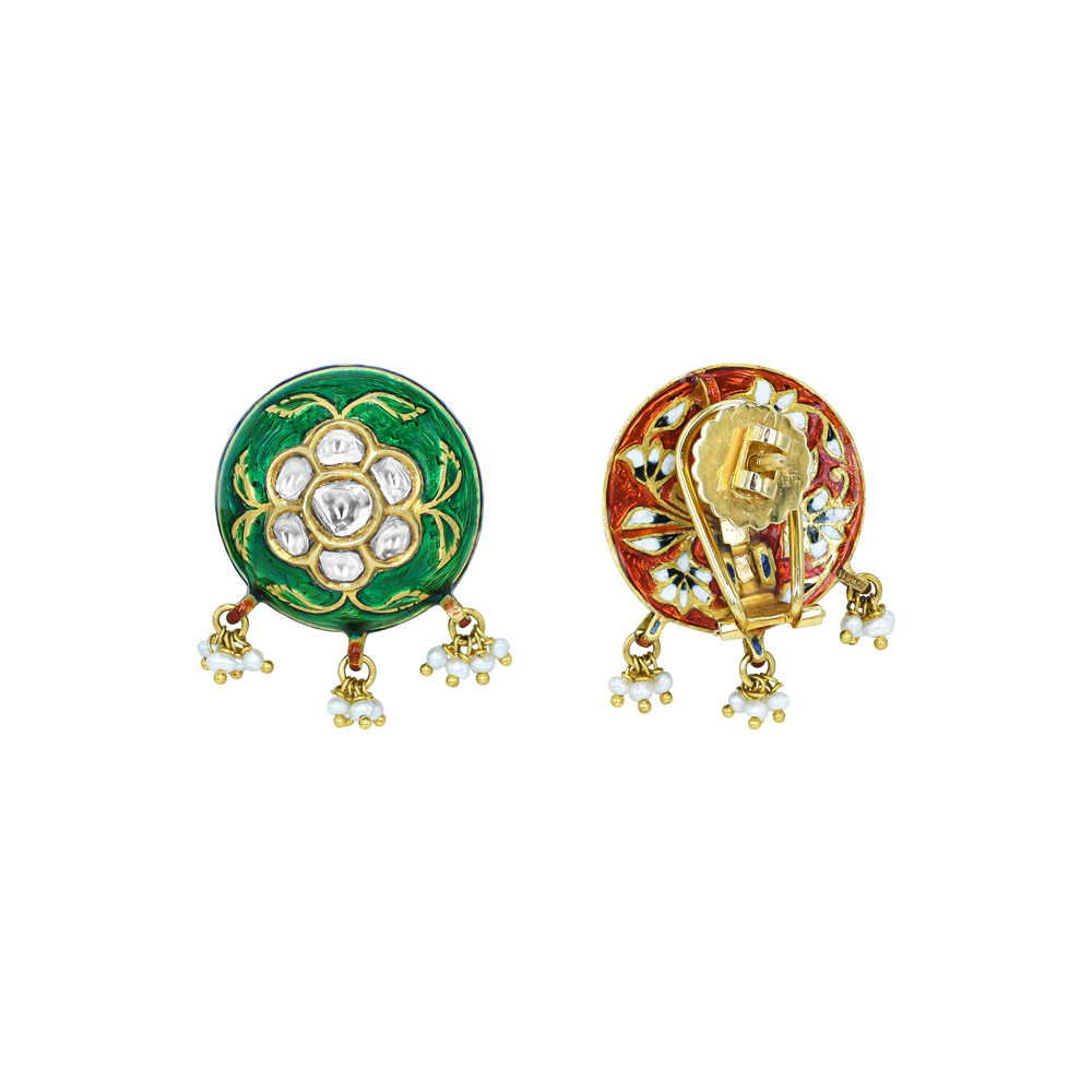 Green Enamel Earrings with Polki Floral Motifs and Pearl Drops